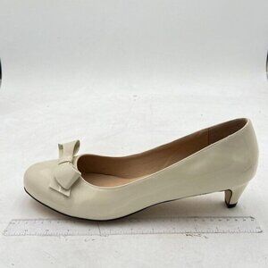 YDN White Women Kitten Heel Pumps Round Toe Slip On Heels Low Heeled Elegant Bow